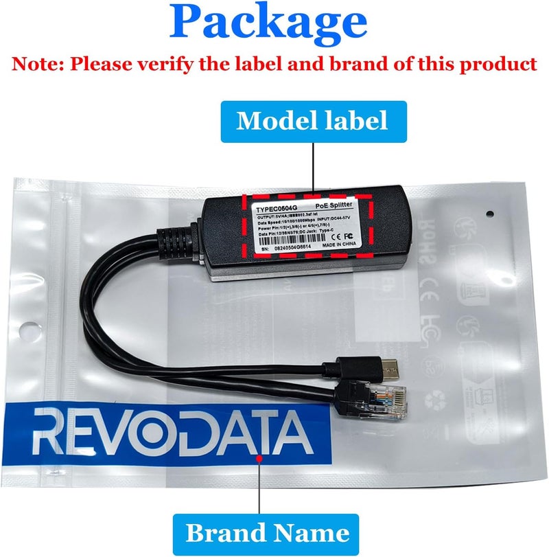 REVODATA 2.5G Type C PoE Splitter 5V/4A, 48V PoE to USB-C 5V/4A 20W Output, 2.5Gbps Ethernet Comply IEEE802.3af/at, Plug and Play for Smart Home/Pi 4B/4B+ (TYPEC0504G) - Image 2